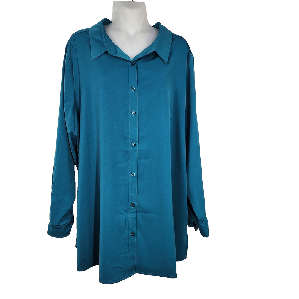 Susan Graver Big Shirt Size 1X Green Stretch Peachskin Fabric Button Up A203722